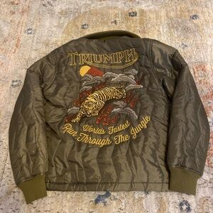 Lucky Brand Sz Small Vintage Bomber Jacket Embroidered Triumph Tiger Moto Biker